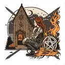 woman kneeling inside a pentagram made of sticks in front of a burning church with the moon in the background tattoo design idea