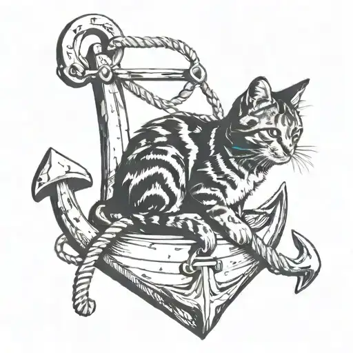 A cat sitting inside an anchor reaching up towards a rope tattoo design idea