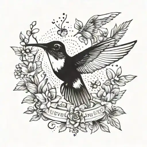 A black and white Hummingbird with the phrase EVERYTHING HAPPENS tattoo design idea