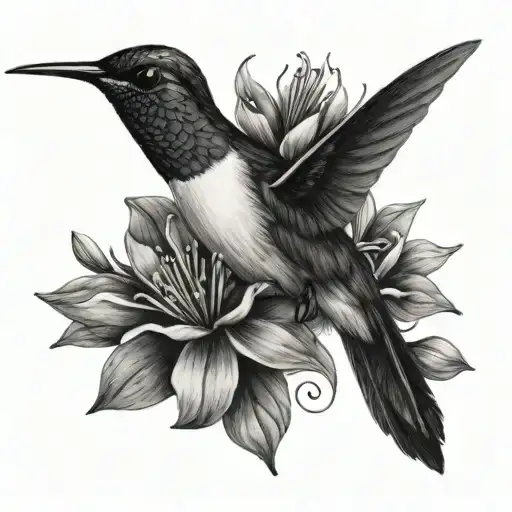 A black and white Hummingbird with the phrase EVERYTHING HAPPENS without flowers or plants tattoo design idea