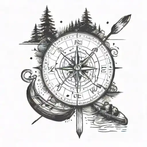 A compass with a canoe and a bike incorporated symbolizes the love for the outdoors tattoo design idea