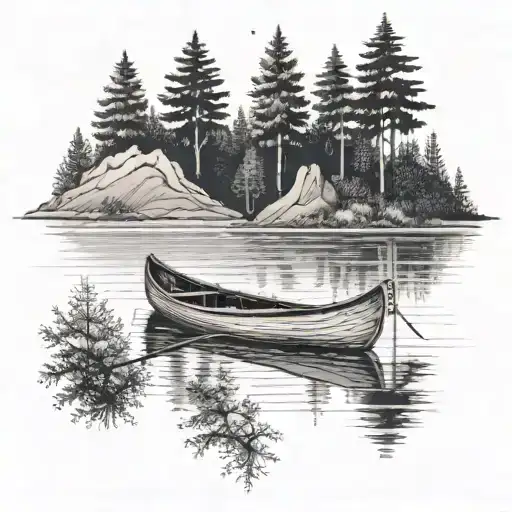 A dotwork tattoo of a canoe floating on a serene lake surrounded by trees tattoo design idea