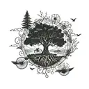 An intricate tree of life design incorporating elements of biking, canoeing, and hiking tattoo design idea