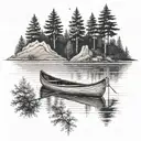 A dotwork tattoo of a canoe floating on a serene lake surrounded by trees tattoo design idea