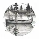 A dotwork tattoo of a canoe floating on a serene lake surrounded by trees tattoo design idea