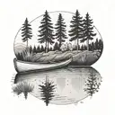 A dotwork tattoo of a canoe floating on a serene lake surrounded by trees tattoo design idea