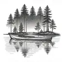 A dotwork tattoo of a canoe floating on a serene lake surrounded by trees tattoo design idea