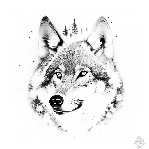 a wolf heaid looking down to you surronded by trees in the snow tattoo design idea