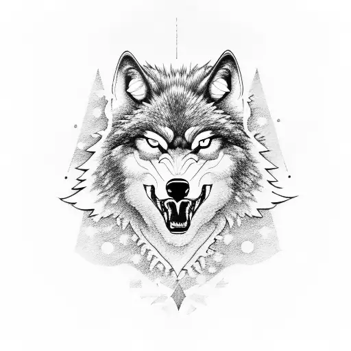 an angry but closed mouth wolf head looking down to you surronded by trees in the snow tattoo design idea