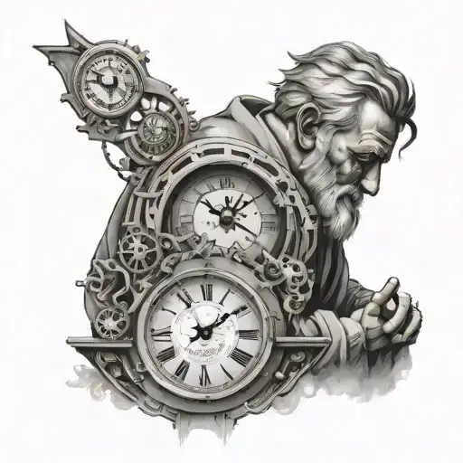 A stoic philosopher contemplating fate under a mechanical clock, surrounded by shades of grey tattoo design idea