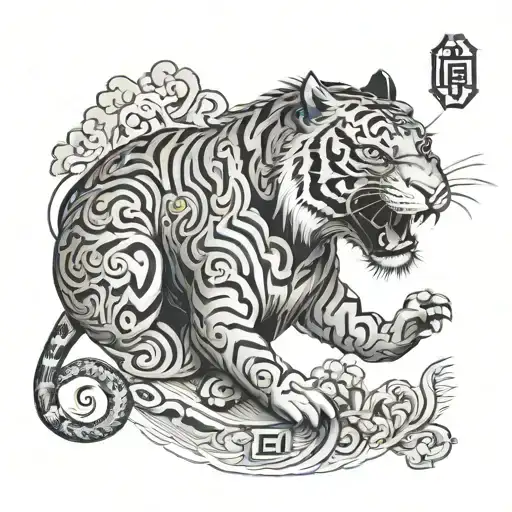 A unique design combining ancient Chinese motifs and tarot card elements in a black-grey style, tiger chasing  its tail tattoo design idea