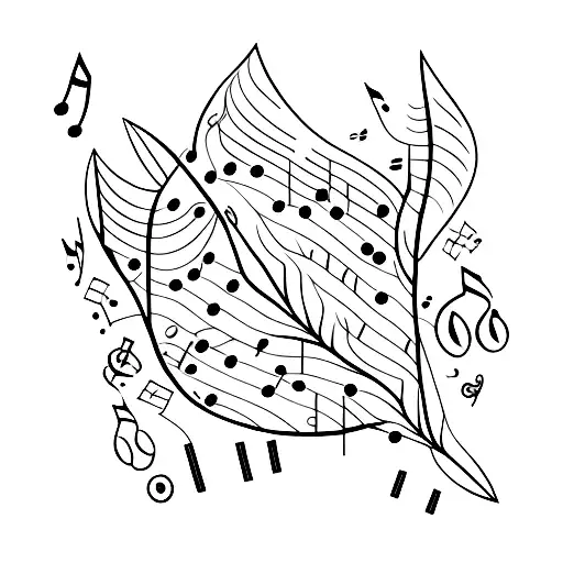 A guitar neck transforming into a tree with musical notes as leaves tattoo design idea