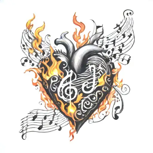 a burning heart flames made of music note tattoo design idea
