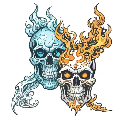 crystal skull split vertically half made of fiery flames and the other half made of water  tattoo design idea