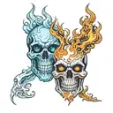 crystal skull split vertically half made of fiery flames and the other half made of water  tattoo design idea