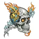 crystal skull split vertically half made of fiery flames and the other half made of water  tattoo design idea