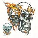 crystal skull split vertically half made of fiery flames and the other half made of water  tattoo design idea