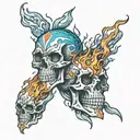 crystal skull split vertically half made of fiery flames and the other half made of water  tattoo design idea