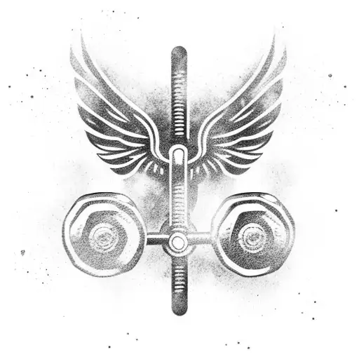 A dumbbell with wings and a banner that says 'Strength' tattoo design idea