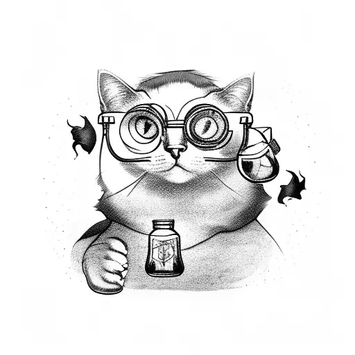 A cat wearing Harry Potter glasses surrounded by potion bottles tattoo design idea