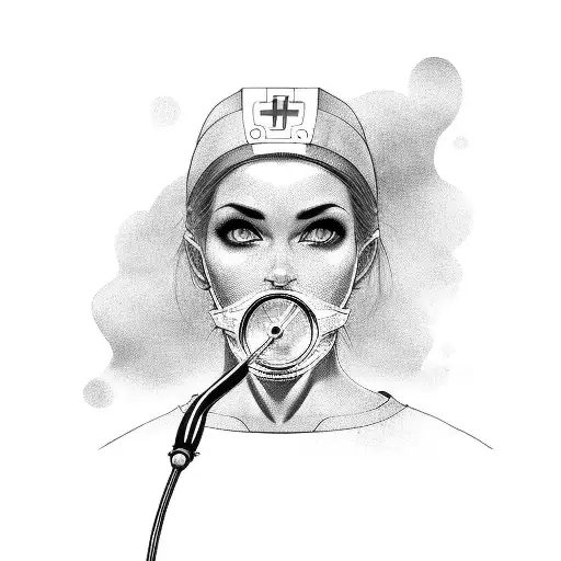 A black and grey portrait of a nurse holding a wand tattoo design idea