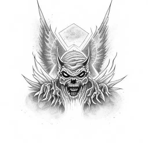un lucifer demacrado con alas siendo ahorcado por una soga  tattoo design idea