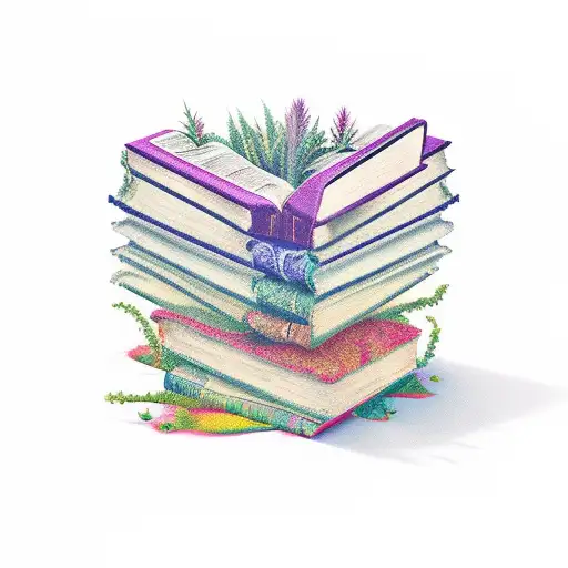 A stack of books with vibrant plants growing out of them tattoo design idea
