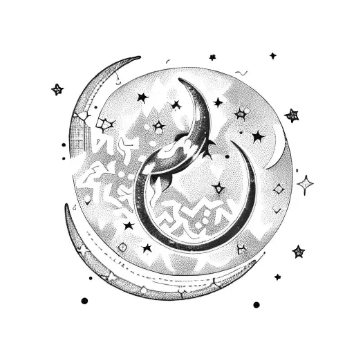 A detailed blackwork tattoo of a crescent moon surrounded by stars, symbolizing your love for gazing at the moon and stars tattoo design idea