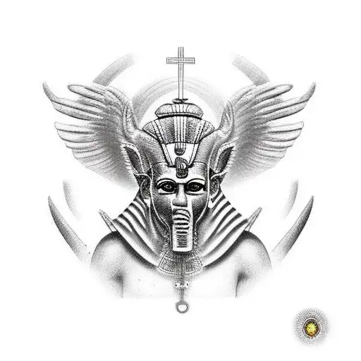 The god from egipt anubis, with an egiciam cross on his chest, the god is fading out to black. On the bottom, inside the tattoo design idea