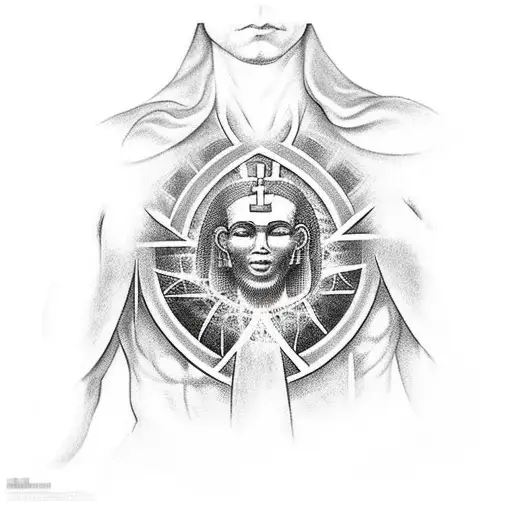 The god from egipt that h, with an egiciam cross on his chest, the god is fading out to black. On the bottom, inside the tattoo design idea