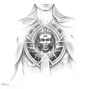 The god from egipt that h, with an egiciam cross on his chest, the god is fading out to black. On the bottom, inside the tattoo design idea