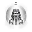 The god from egipt that h, with an egiciam cross on his chest, the god is fading out to black. On the bottom, inside the tattoo design idea