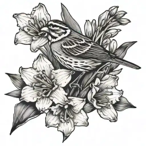 white throated sparrow perched atop a daffodil flower with gladiolus, morning glory and cosmo flowers above  tattoo design idea