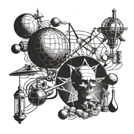 A futuristic design featuring Nikola Tesla's inventions intertwined with atomic bombs and aliens tattoo design idea