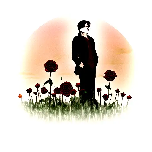 Stephen kings dark tower with a red setting sun with Roland looking up from the field of roses tattoo design idea
