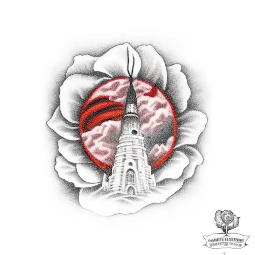 Stephen kings dark tower with a red setting sun with Roland looking up from the field of roses tattoo design idea