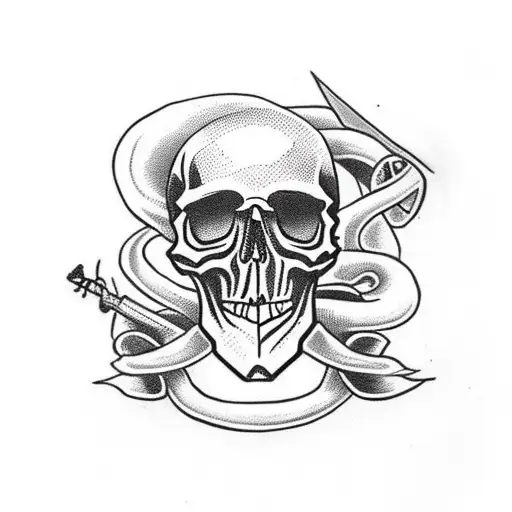 skull with dagger embedded in the top and a snake around it tattoo design idea