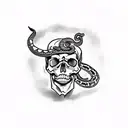 skull with dagger embedded in the top and a snake around it tattoo design idea