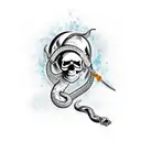 skull with dagger embedded in the top and a snake around it tattoo design idea