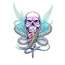 skull with dagger embedded in the top and a snake around it tattoo design idea