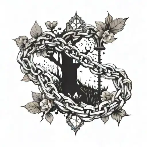 A tattoo design of a broken chain symbolizing betrayal, incorporating elements of the tree of life and the Garden of Eden tattoo design idea