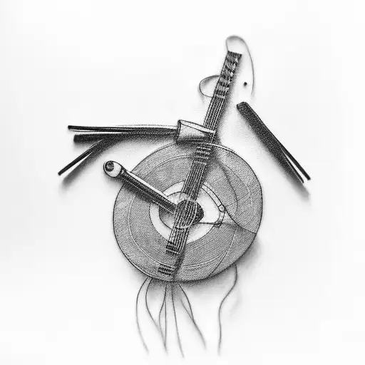 A traditional tattoo of a broken guitar string mended by a safety pin, symbolizing resilience tattoo design idea