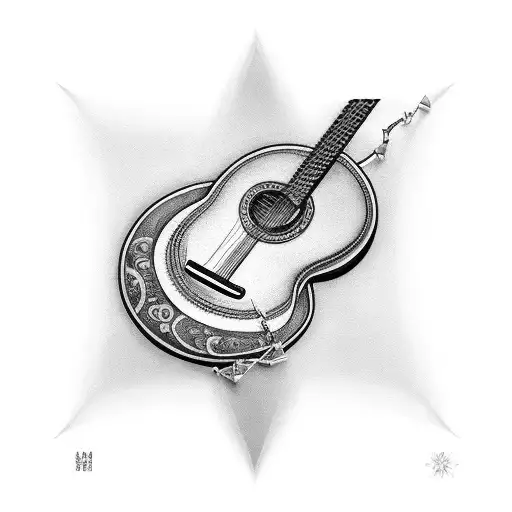 A traditional tattoo of a guitar with a broken string mended by a safety pin, symbolizing resilience tattoo design idea
