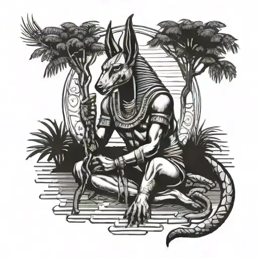 egyptian god  anubis holding a willow tree tattoo design idea
