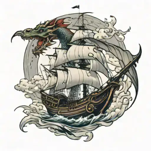 dragon emerging sci fi pirate ship sailing tattoo design idea