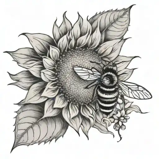 sunflower and bee flying tattoo design idea