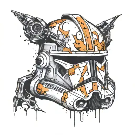 Clone Trooper Helmet With Half Blown Off By Explosion, With Skull Underneath tattoo design idea