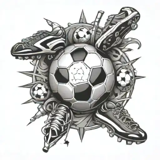 A soccer ball morphing into a planet Earth surrounded by various sports equipment, symbolizing the client's love for soccer, sports, and nature tattoo design idea