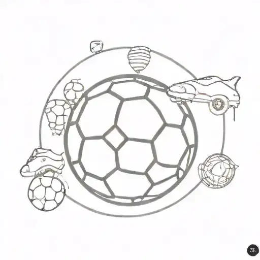 A soccer ball morphing into a planet Earth surrounded by various sports equipment, symbolizing the client's love for soccer, sports, and nature tattoo design idea