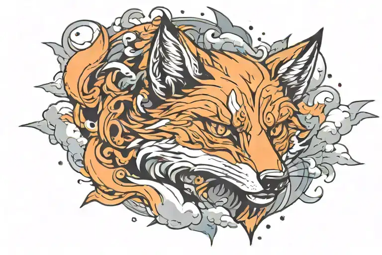 Simetric Angry Fox surrounded by clouds chest tattoo tattoo design idea
